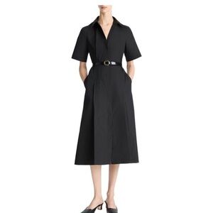 Black Collared Midi Shirt Dress with Belt